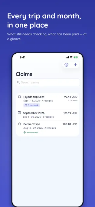 Expense Packet iPhone app showing organized reimbursement claims